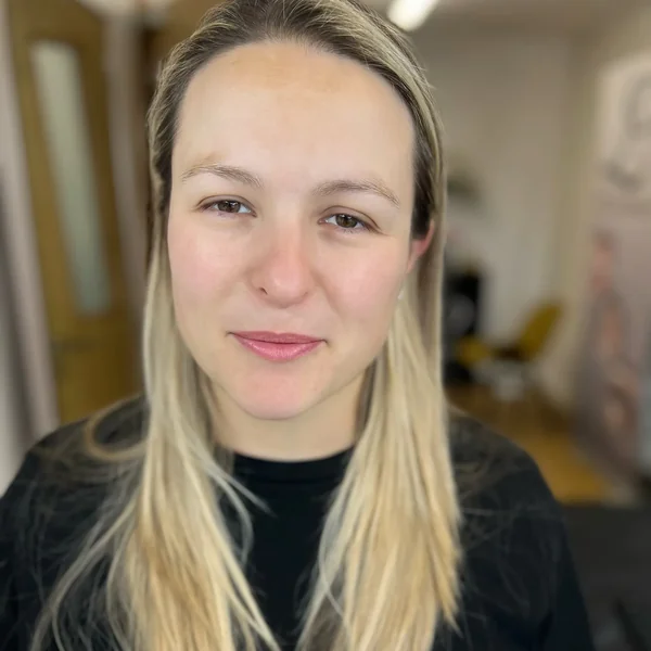 Very thin sparse blonde brows before 3D feather brow tattoo with Lorraine