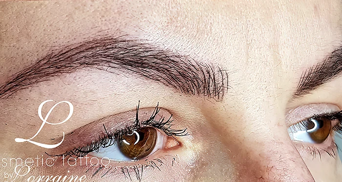 After — 3D feather brow tattoo before and after — sparse, uneven brows transformed with hair-stroke pigment by Lorraine, Gold Coast