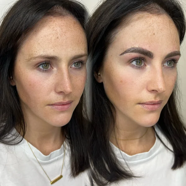 Before and after 3D feather brows — sparse to full on freckled brunette client
