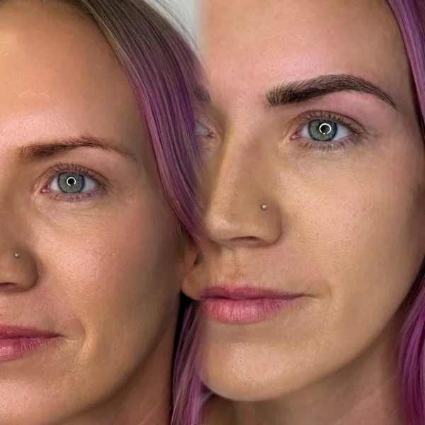 Before and after Brow tattoo creative look pink hair by Lorraine, Gold Coast