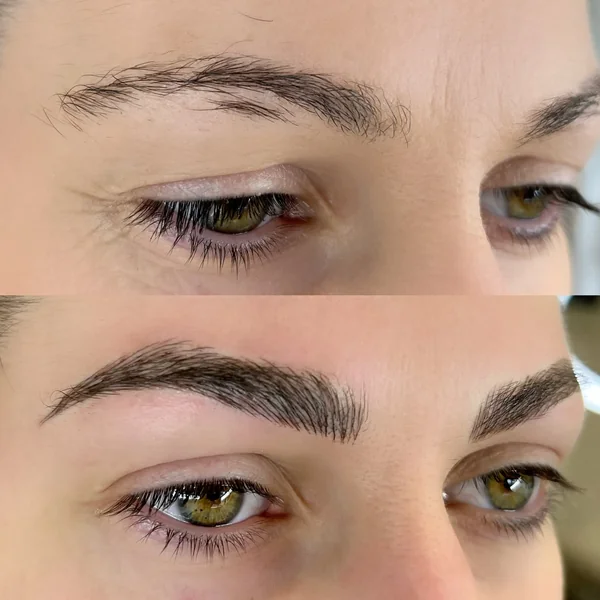 Before and after Eyebrow tattoo close up detail natural strokes by Lorraine, Gold Coast