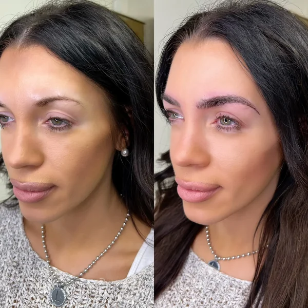 Before and after Eyebrow tattoo olive skin dramatic result by Lorraine, Gold Coast
