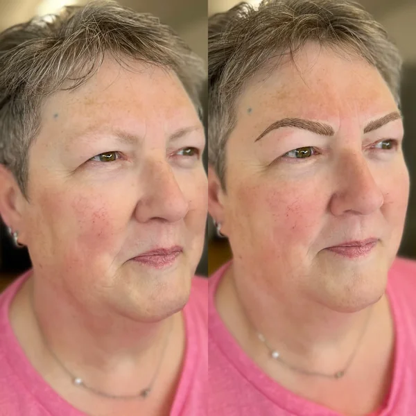 Before and after eyebrows on mature client with grey hair — sparse to restored