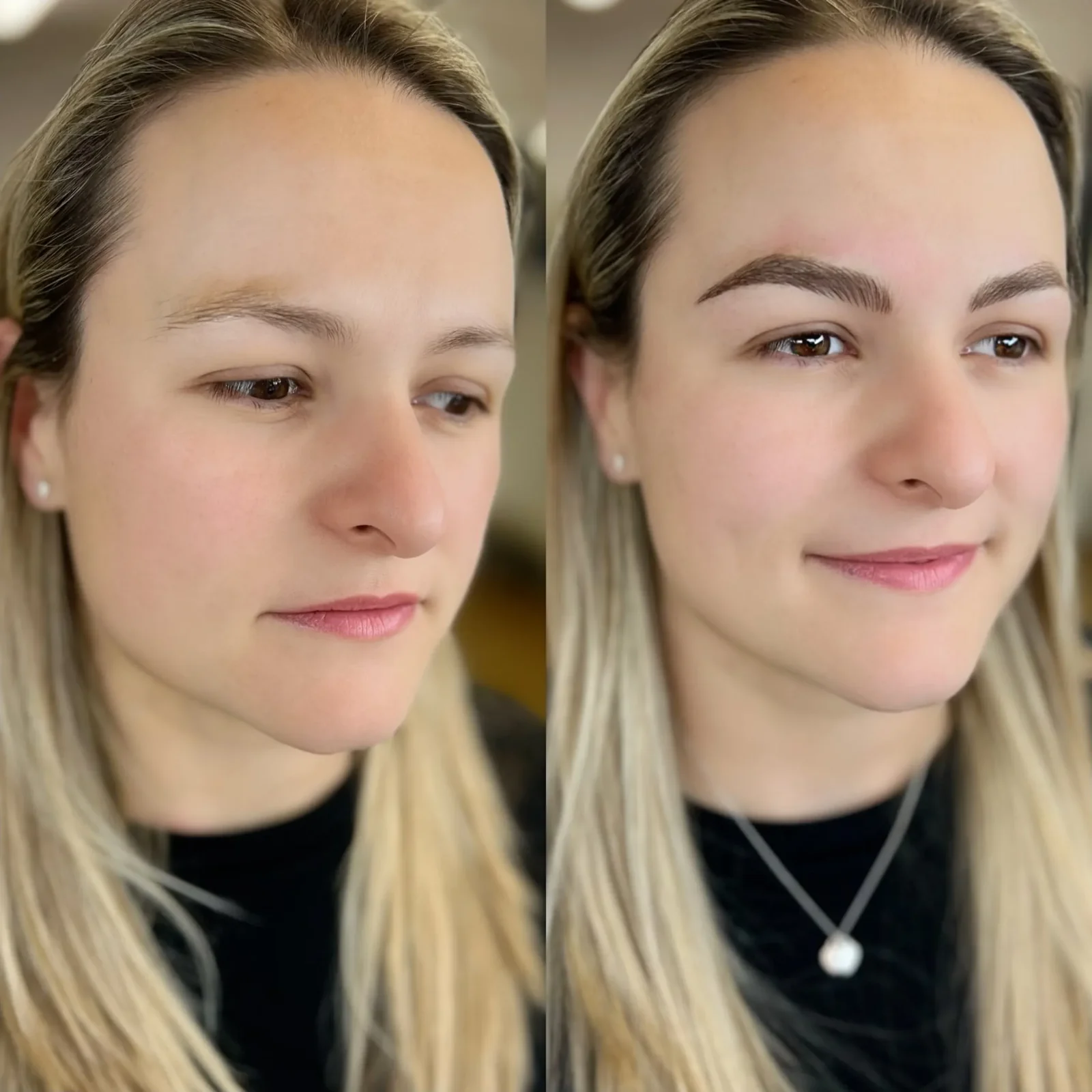 Before and after 3D feather brow tattoo on blonde client — sparse to full natural brows by Lorraine