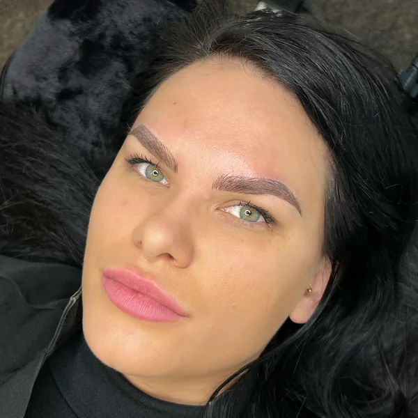 Feather brows fresh — brunette client overhead portrait