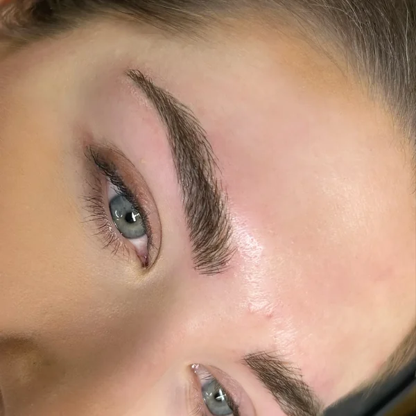 Hair-stroke brow tattoo — close-up of individual strokes for craftsmanship detail