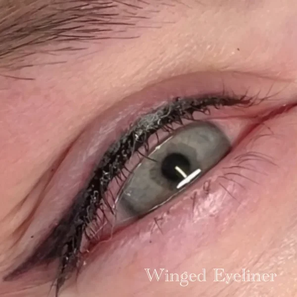 Winged eyeliner cosmetic tattoo close-up — defined wing detail by Lorraine