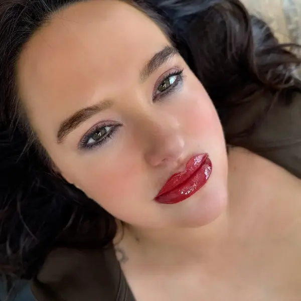 Lip blush Gold Coast — soft warm pink, brunette client portrait by Lorraine
